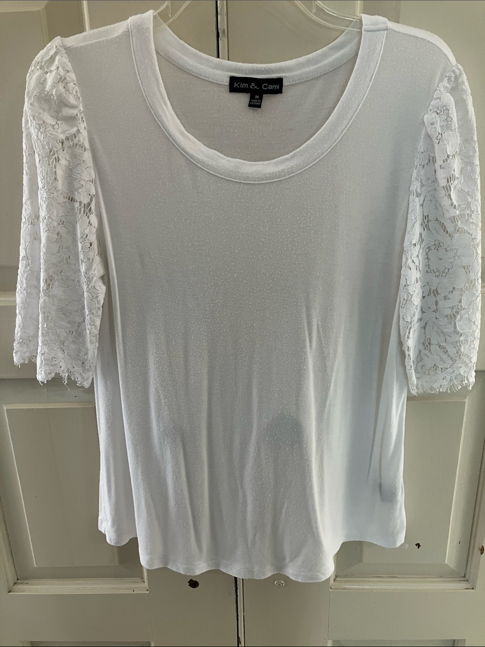 Kim & Cami White Lace Elbow-Sleeve Scoop Neck Top